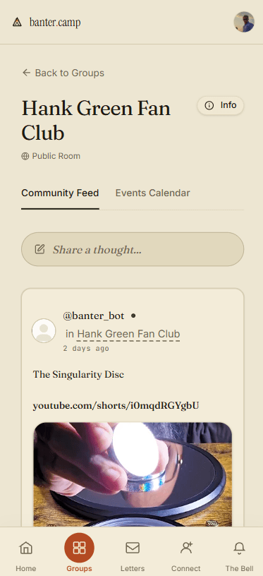 Banter.Camp on mobile, showing a chronological post feed with no engagement ranking
