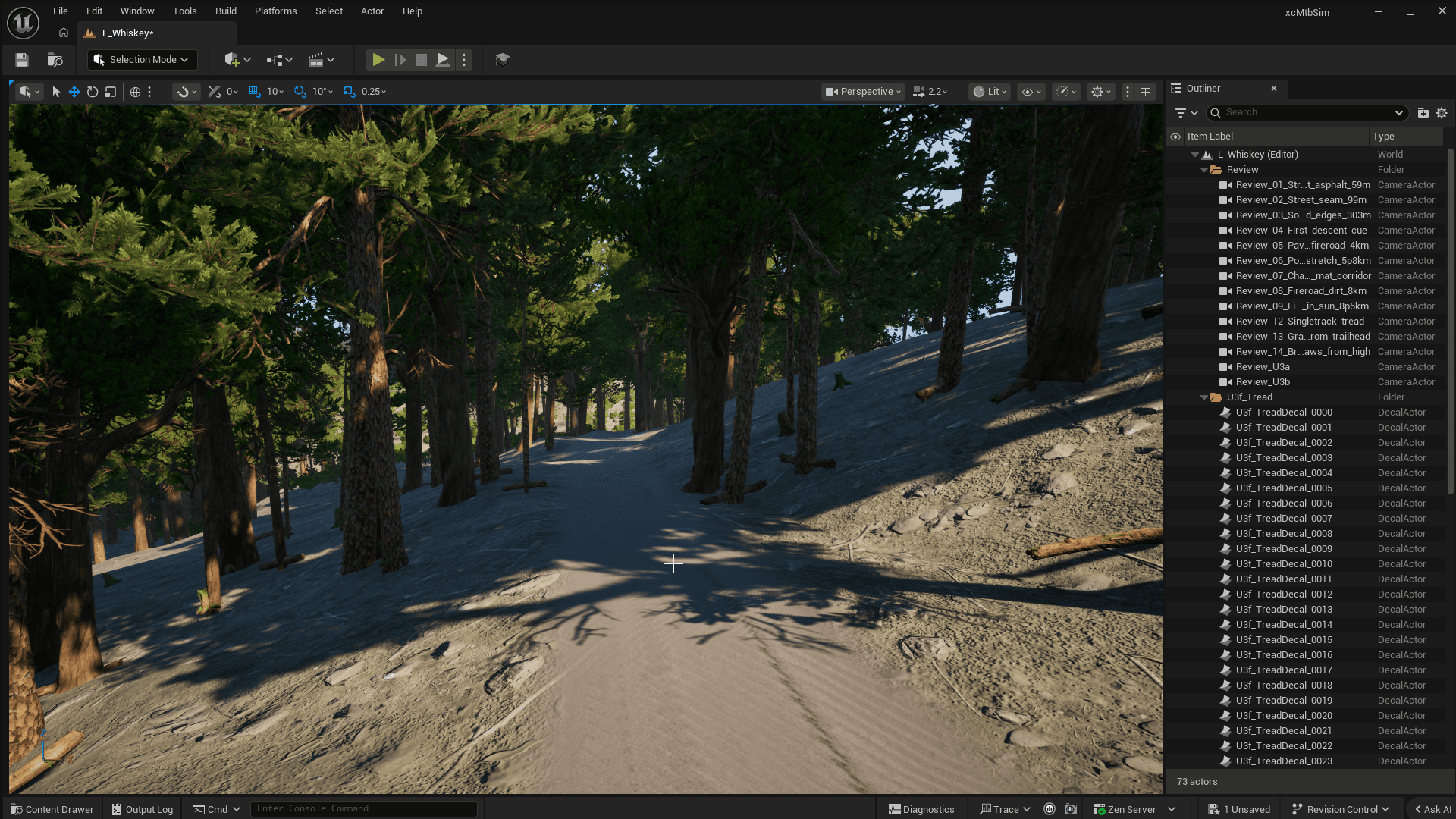 The MTB simulator in Unreal Engine, showing trail terrain generated from a GPX file