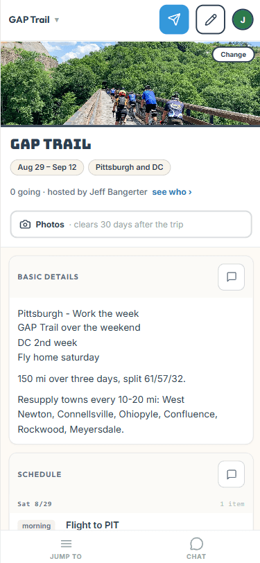 Tript.io on mobile, showing a group trip broken into movable blocks for days, lodging and open decisions